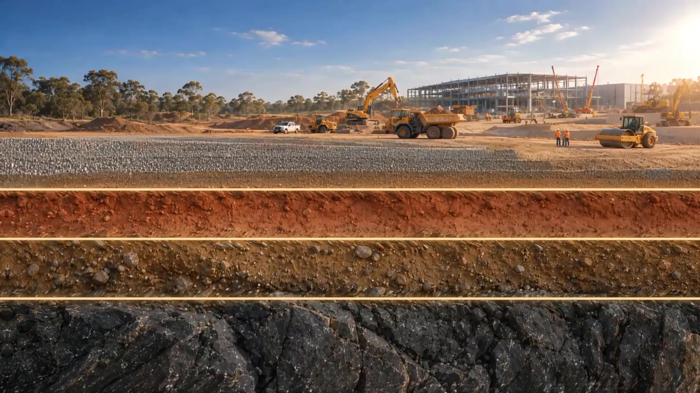 A continuous construction site above a soil cross-section of fill, clay, weathered rock and bedrock.