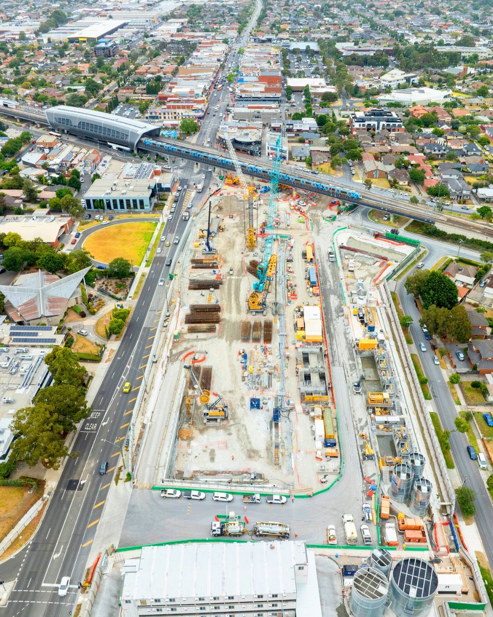Aerial view of the Suburban Rail Loop construction site at Clayton.